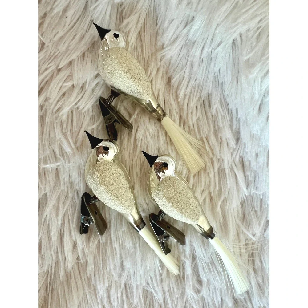 Vintage Mercury Glass Clip On Bird Ornaments White Flocked Christmas Decor Set 3